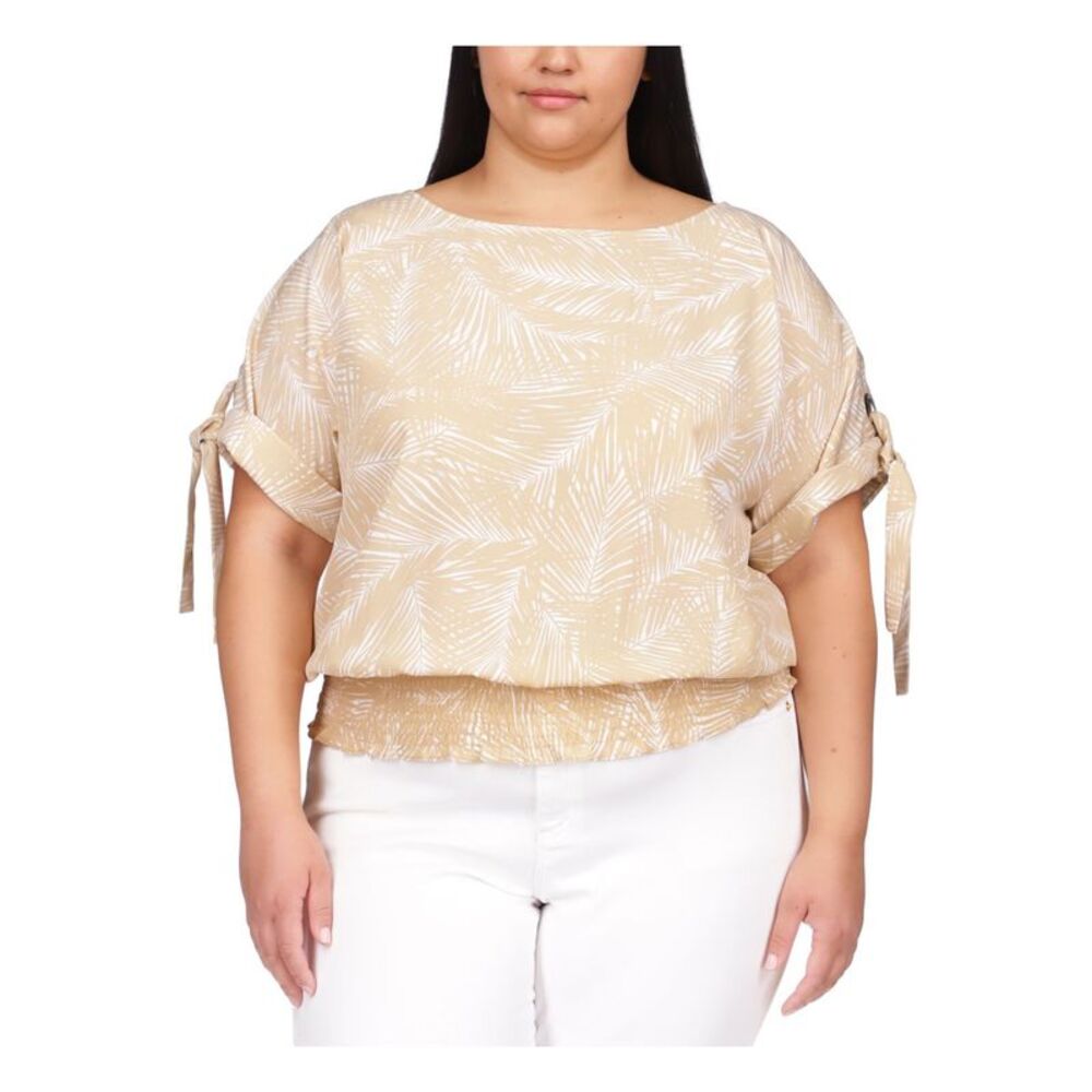 MICHAEL MICHAEL KORS Womens Beige Tie Grommet Cuffs Cuffed Sleeve Top Plus 0X